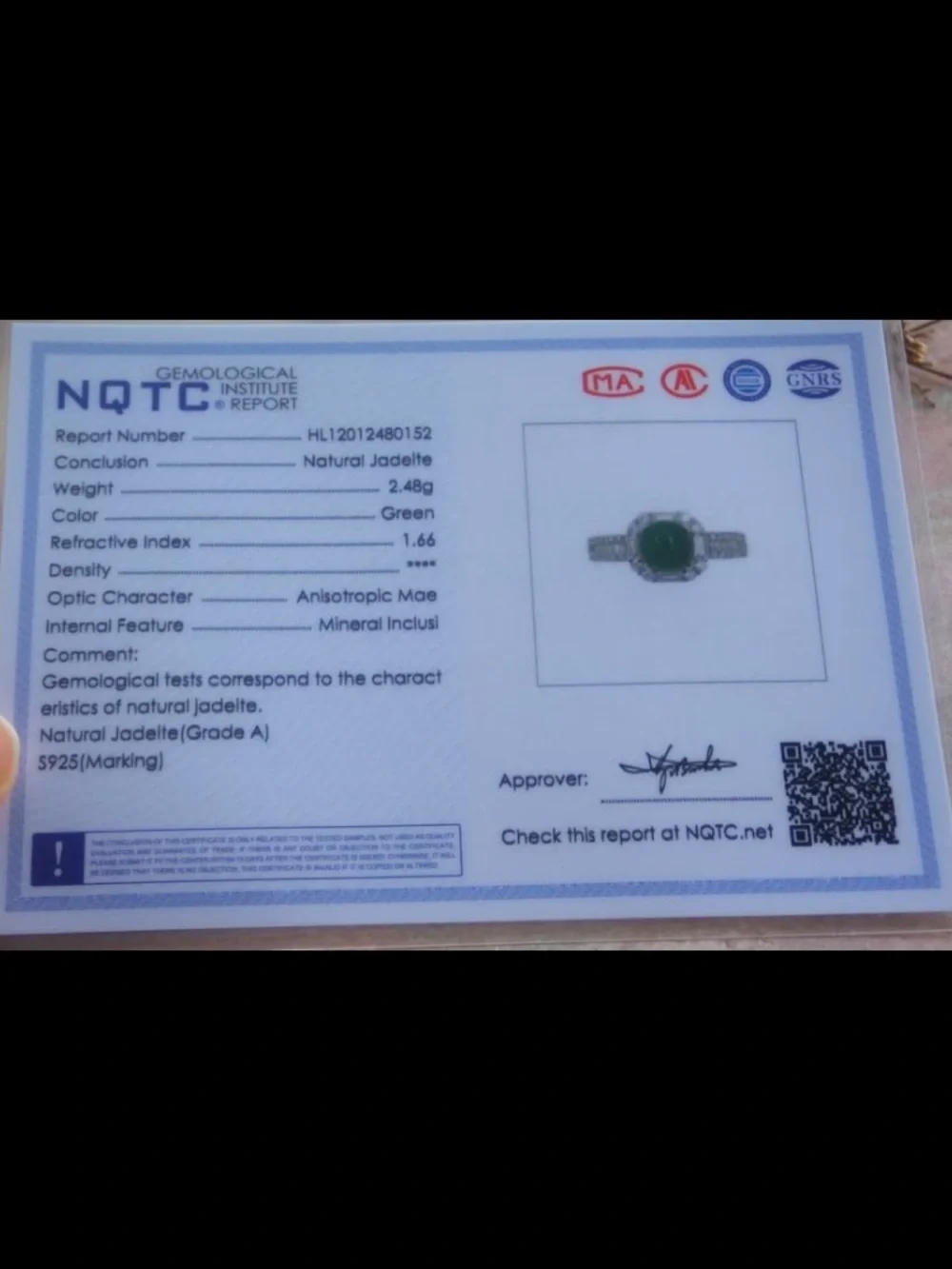 Luxury jadeite precious certificate Sterling silver 925 opened ring size8